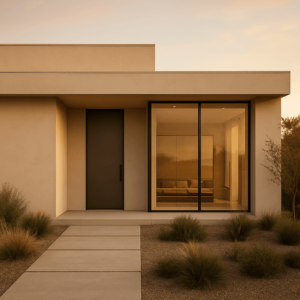 A modern home exterior at golden hour
