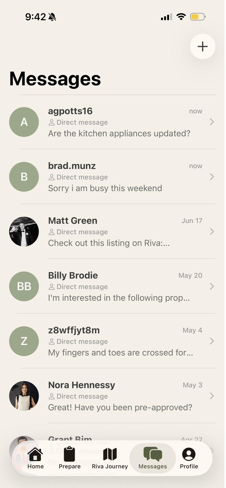 Riva Messages inbox with direct messages from buyers and agents.