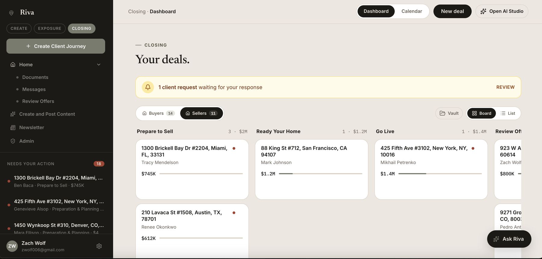 Riva agent dashboard showing a pipeline of seller deals across Prepare to Sell, Ready Your Home, Go Live, and Review Offers.