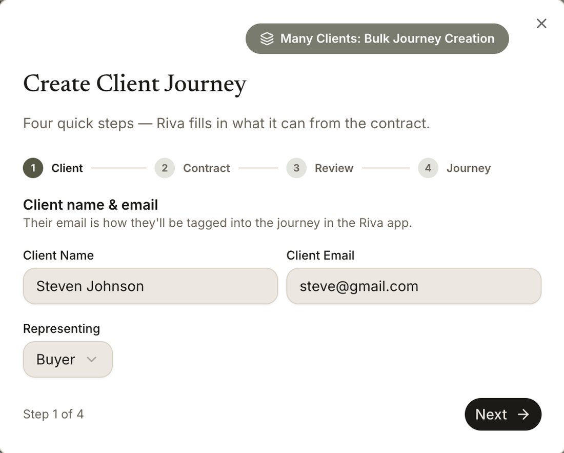 Create Client Journey modal with client name, email, and representing fields.