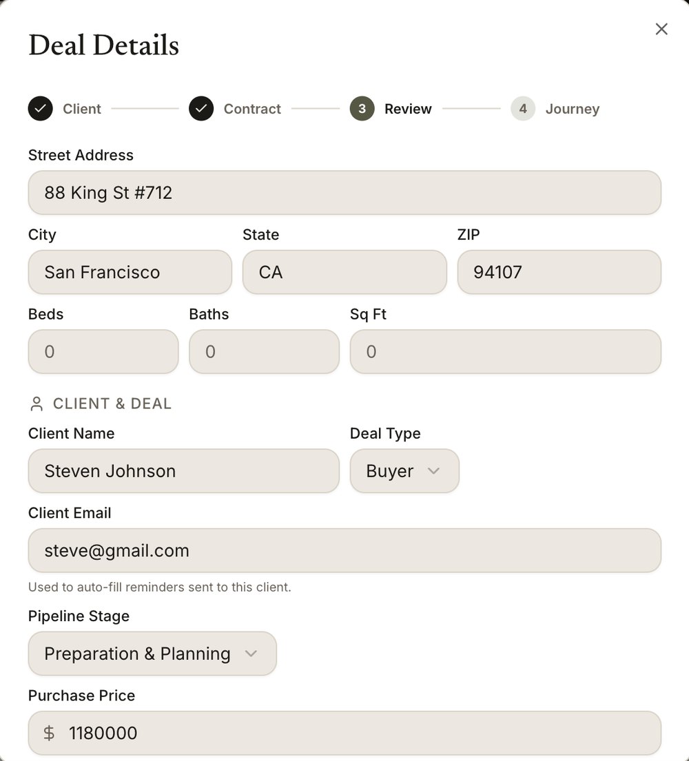 Deal details extracted from the contract: 88 King St #712, San Francisco, CA 94107, client Steven Johnson, buyer, $1,180,000.